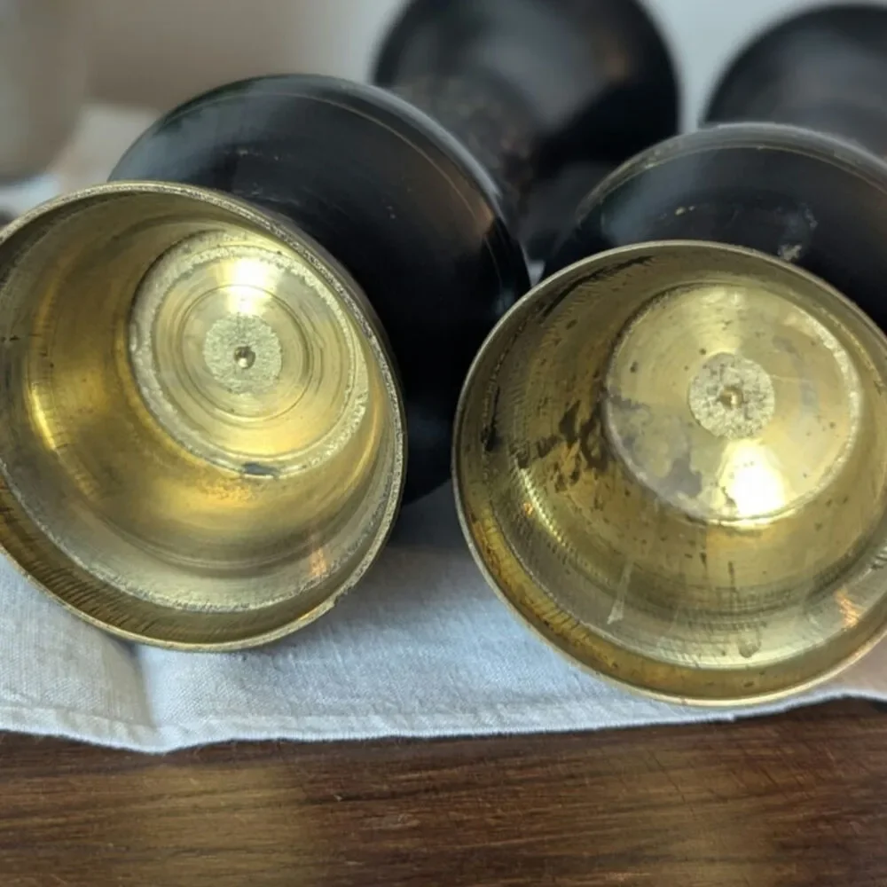 Vintage Etched Brass Vases |Black & Gold Boho Lotus Decor | Mid Century Pair